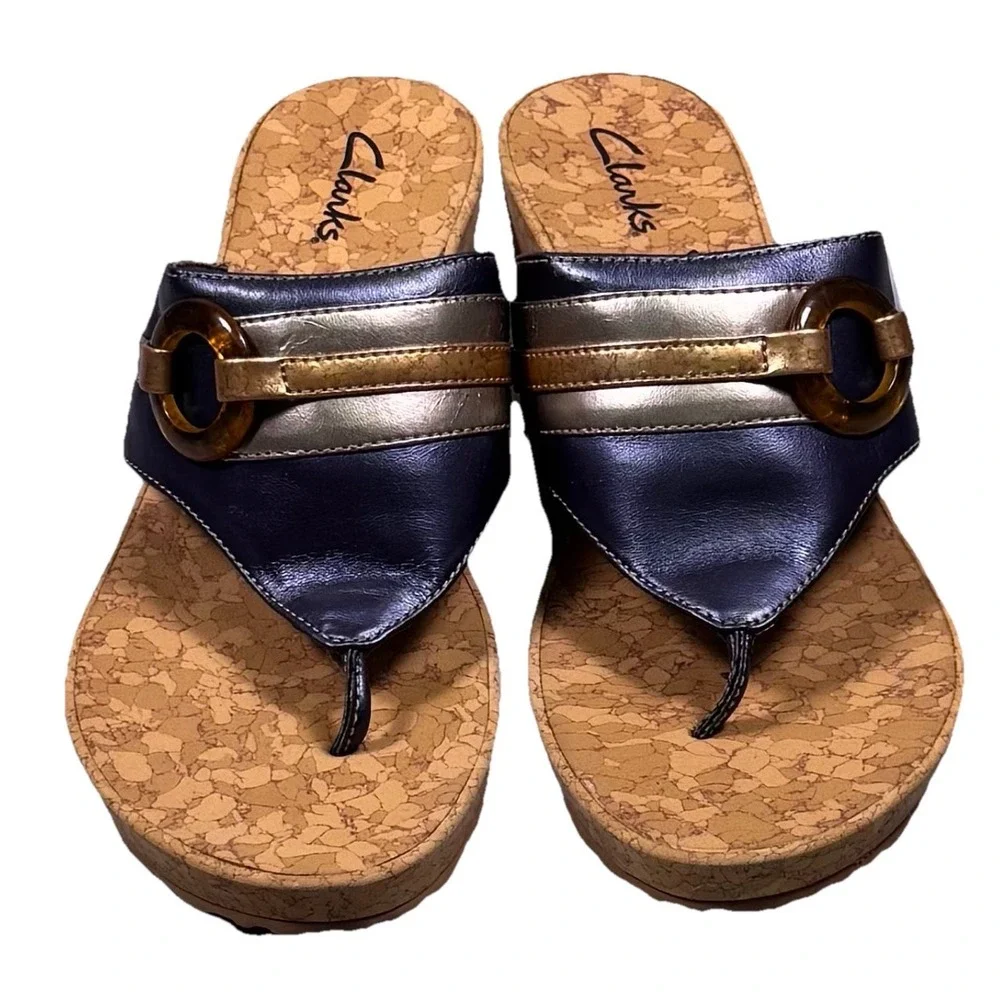 Clarks Women's Yacht Anchor Cork Wedge Flip Flop Sandals Size 10M Blue With‎ Box